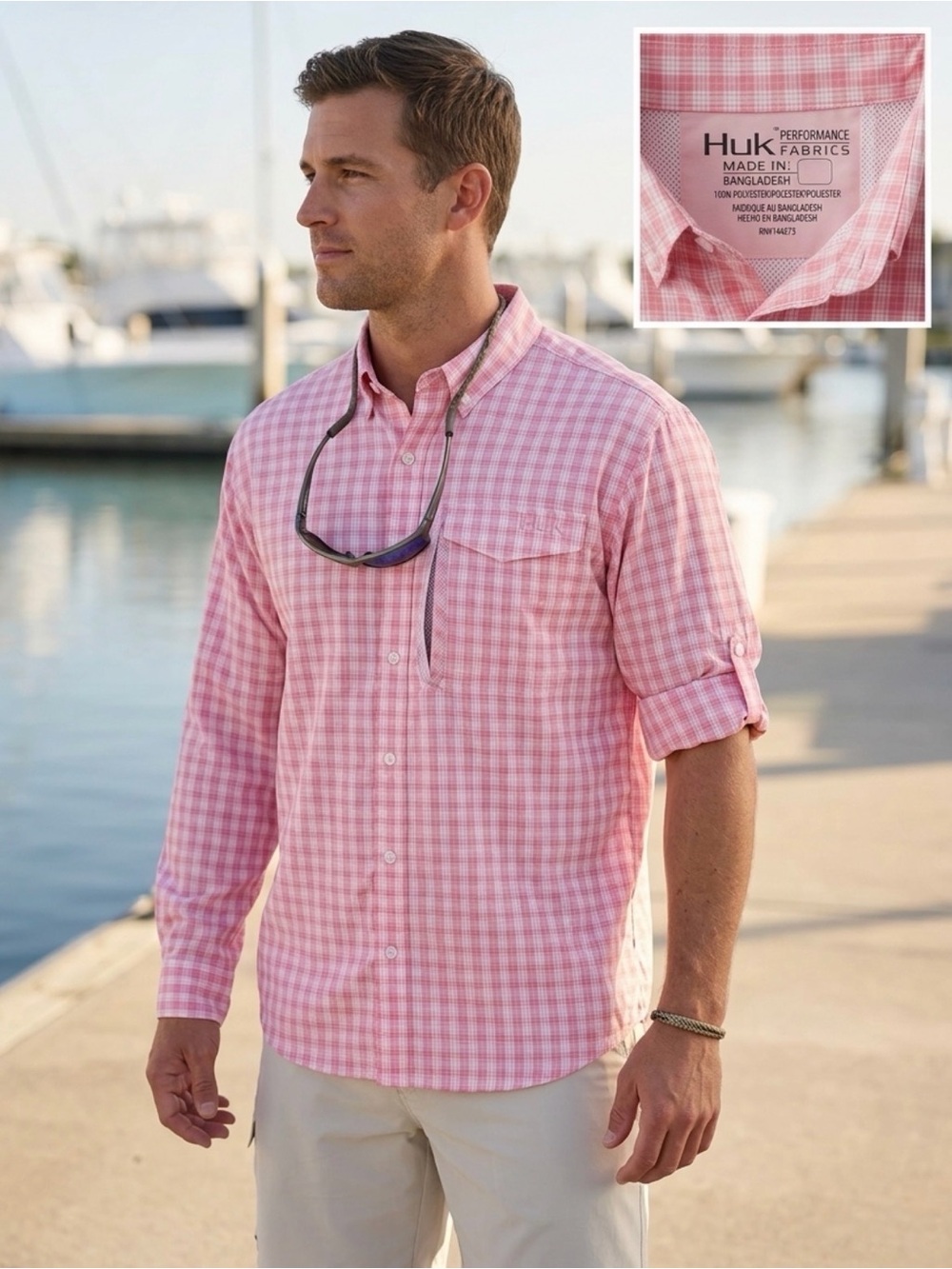 Huk Performance Fabrics Fishing Shirt L/S Roll Tab Pink Fish plaid Vented M